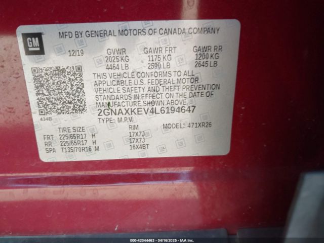 2GNAXKEV4L6194647 Chevrolet Equinox Fwd Lt 1.5l Turbo