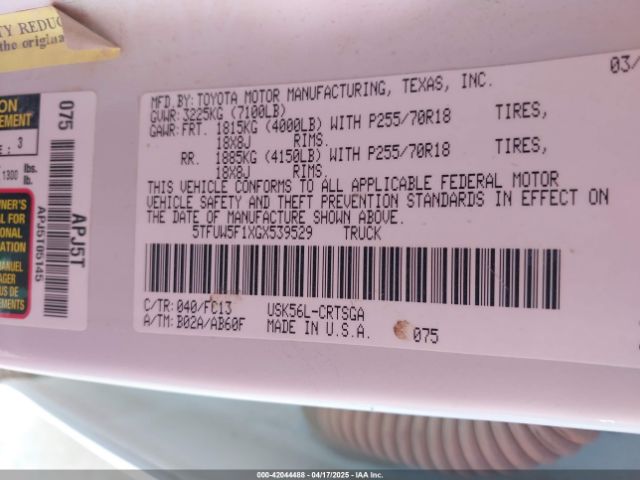 5TFUW5F1XGX539529 Toyota Tundra Sr5 5.7l V8
