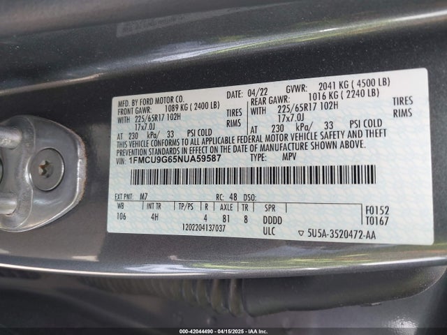 1FMCU9G65NUA59587 Ford ESCAPE SE