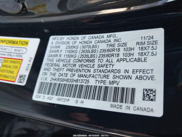 2HKRS6H83SH813725 Honda Cr-v Hybrid Sport-l