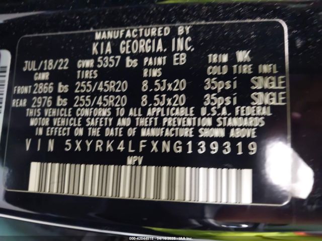 5XYRK4LFXNG139319 KIA Sorento Sx Prestige