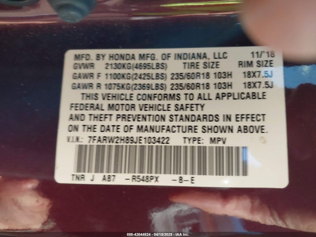 7FARW2H89JE103422 Honda Cr-v Ex-l/ex-l Navi