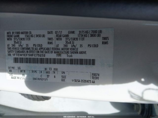 1FTEW1EF1HFC75232 Ford F-150 Lariat