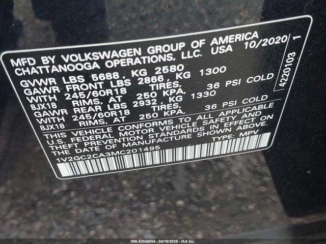 1V2GC2CA3MC201495 Volkswagen Atlas Cross Sport 2.0t S