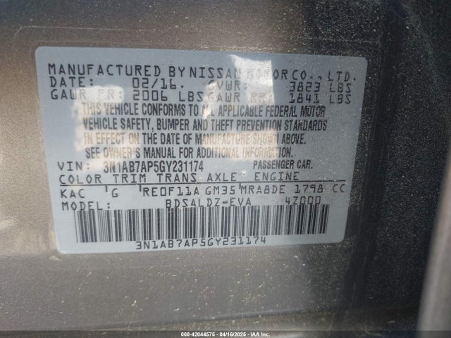 3N1AB7AP5GY231174 Nissan SENTRA SV