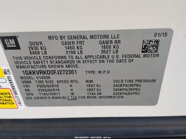 1GKKVRKD0FJ272361 GMC Acadia Slt-1