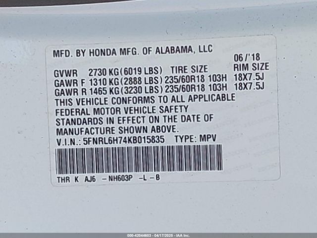 5FNRL6H74KB015835 Honda Odyssey Ex-l