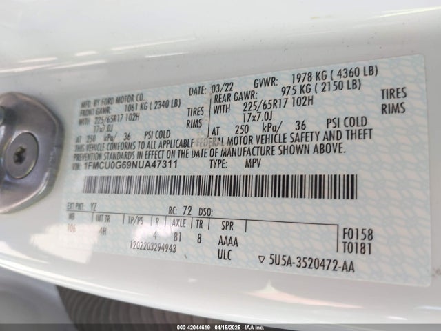 1FMCU0G69NUA47311 Ford ESCAPE SE