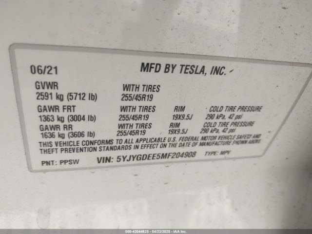 5YJYGDEE5MF204908 Tesla Model Y Long Range Dual Motor All-wheel Drive