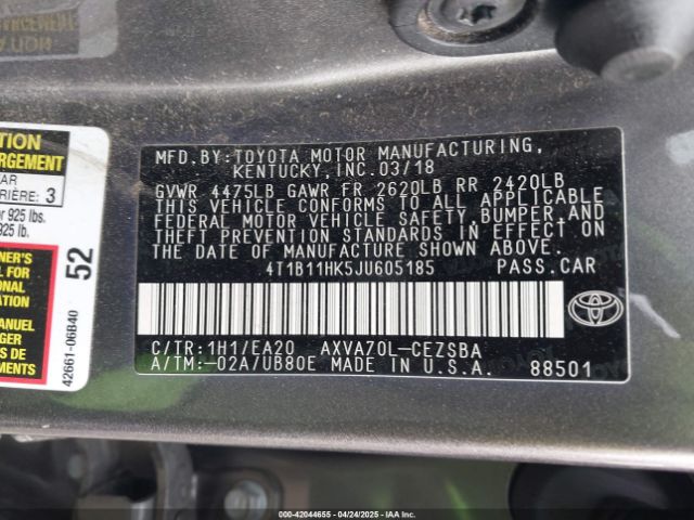 4T1B11HK5JU605185 Toyota CAMRY SE