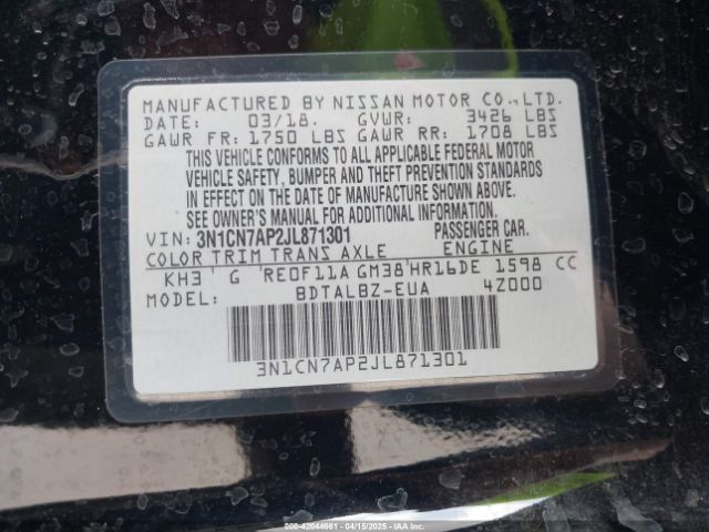 3N1CN7AP2JL871301 Nissan 2018
