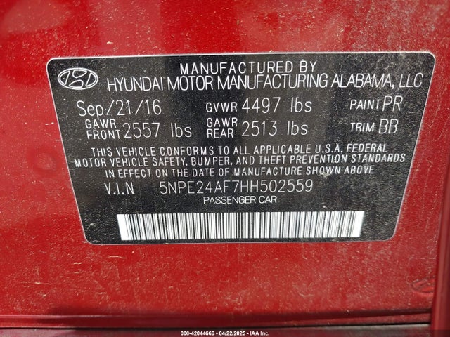 5NPE24AF7HH502559 Hyundai SONATA SE