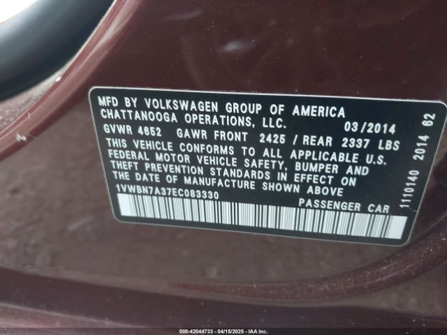1VWBN7A37EC083330 Volkswagen Passat 2.0l Tdi Se