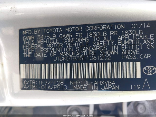 JTDKDTB38E1061202 Toyota Prius C Two