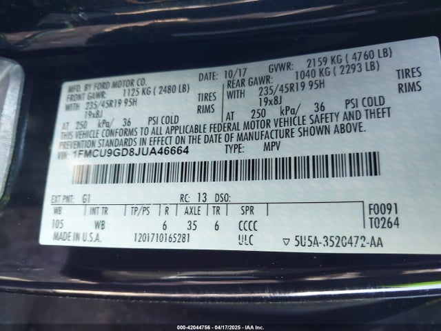 1FMCU9GD8JUA46664 Ford ESCAPE SE
