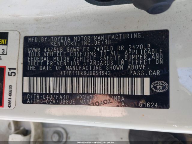 4T1B11HK9JU651943 Toyota CAMRY LE