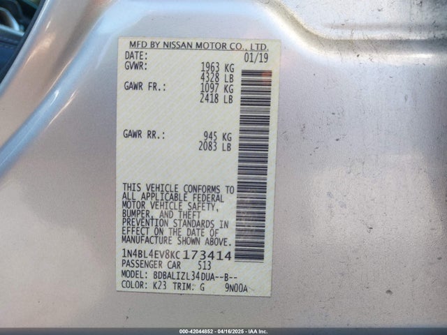 Nissan Altima 2.5 Sl 2019 1N4BL4EV8KC173414 Image 9