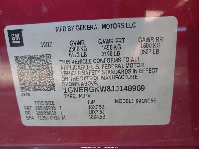 1GNERGKW8JJ148969 Chevrolet Traverse 1lt