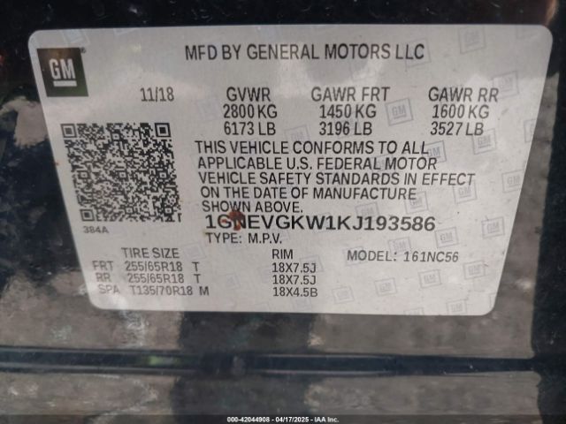 1GNEVGKW1KJ193586 Chevrolet Traverse 1lt
