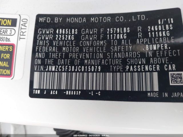 JHMZC5F38JC015079 Honda Clarity Plug-in Hybrid Touring
