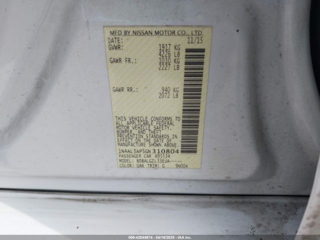 1N4AL3AP5GN310804 Nissan Altima 2.5/2.5 S/2.5 Sl/2.5 Sr/2.5 Sv