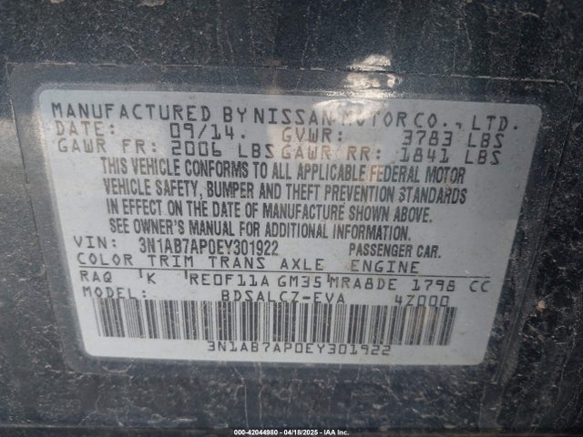 3N1AB7AP0EY301922 Nissan SENTRA S