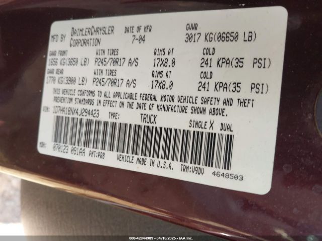 2004 DODGE RAM 1500 1D7HA18NX4J294423 Photo 8