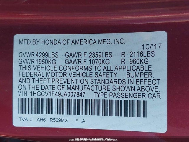 1HGCV1F49JA007847 Honda ACCORD EX