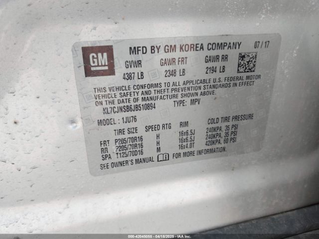 KL7CJNSB6JB510894 Chevrolet TRAX LS