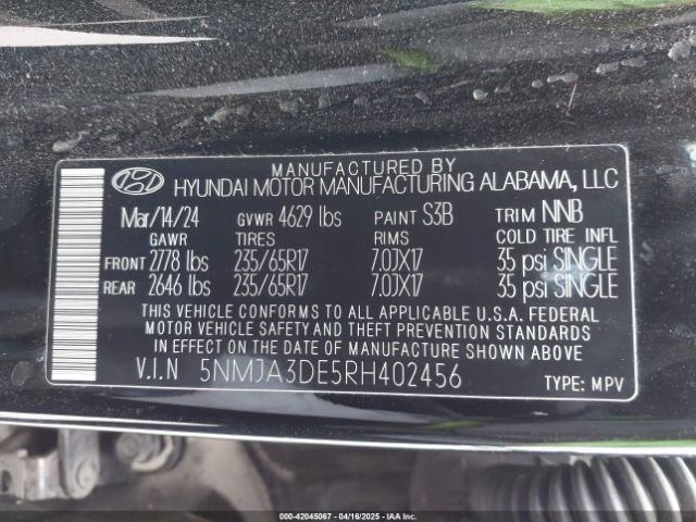 5NMJA3DE5RH402456 Hyundai gdi theta iii