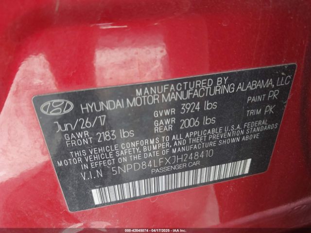5NPD84LFXJH248410 Hyundai ELANTRA SEL
