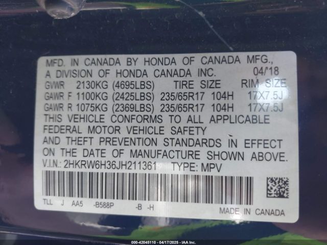 2HKRW6H36JH211361 Honda CR-V LX