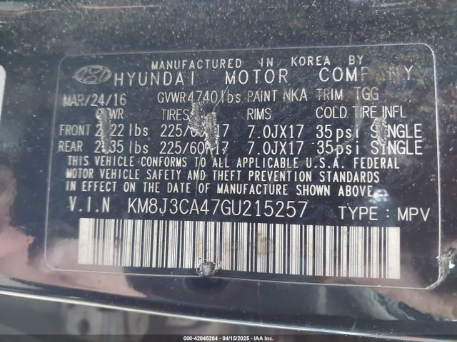 KM8J3CA47GU215257 Hyundai TUCSON SE