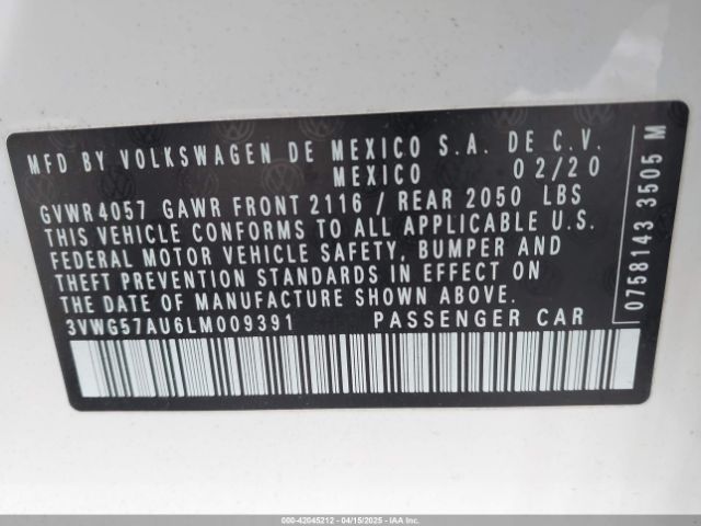 3VWG57AU6LM009391 Volkswagen Golf 1.4t Tsi