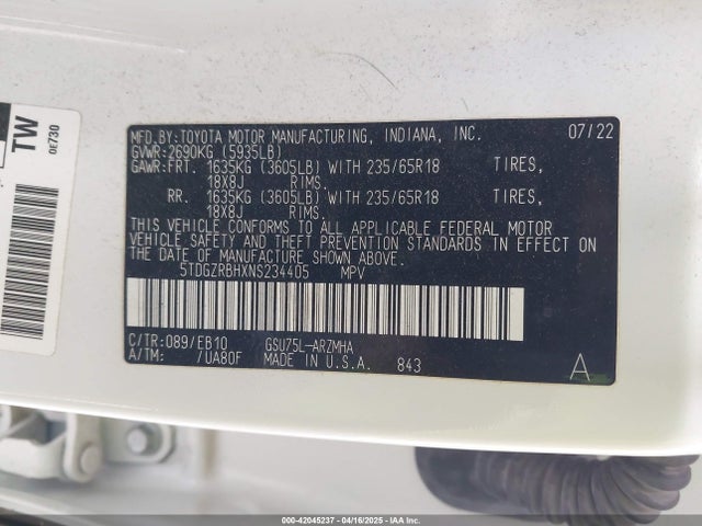 5TDGZRBHXNS234405 Toyota 2gr-fks