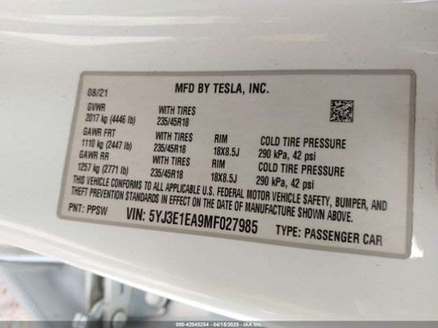 5YJ3E1EA9MF027985 Tesla Model 3 Standard Range Plus Rear-wheel Drive