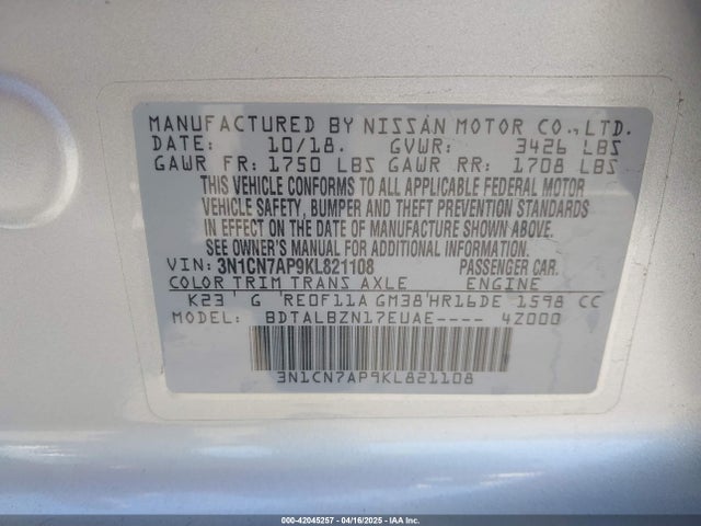 3N1CN7AP9KL821108 Nissan Versa 1.6 Sv
