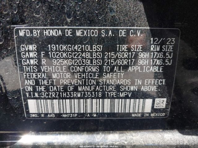 3CZRZ1H33RM735318 Honda Hr-v 2wd Lx
