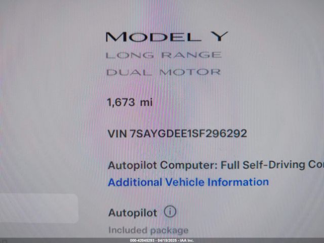 7SAYGDEE1SF296292 Tesla Model Y Long Range Dual Motor All-wheel Drive