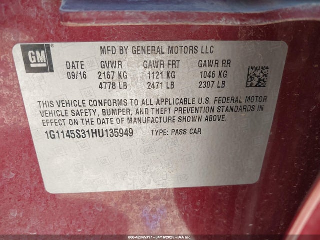 1G1145S31HU135949 Chevrolet lfx - sidi: spark ignited direct injection, vvt, e85 max, alum