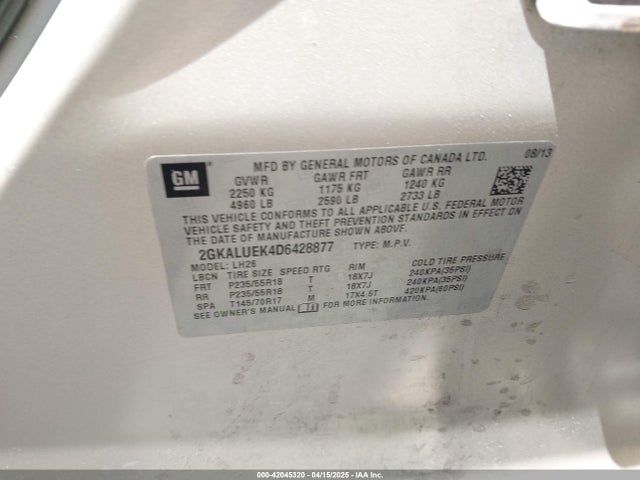 Aukcja sprzedaży 2013 Gmc Terrain Slt-1, vin: 2GKALUEK4D6428877, numer aukcji: 42045320