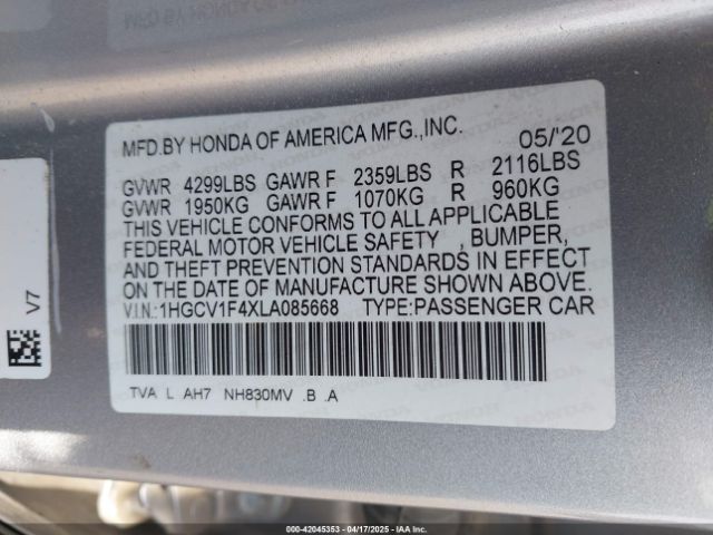 1HGCV1F4XLA085668 Honda ACCORD EX