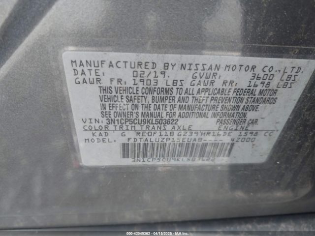 3N1CP5CU9KL503622 Nissan KICKS SR