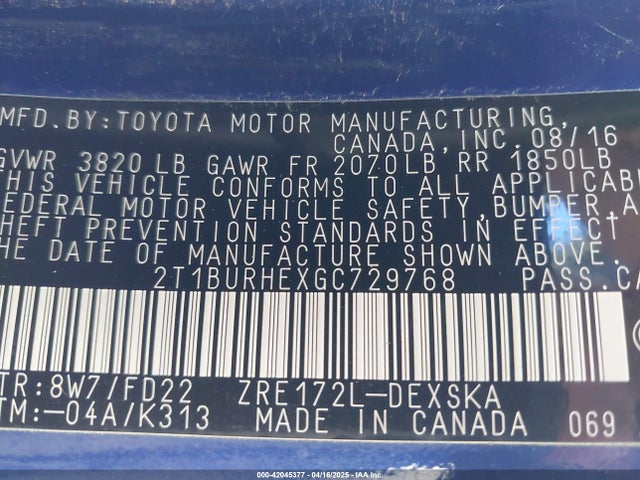 2T1BURHEXGC729768 Toyota Corolla S Plus