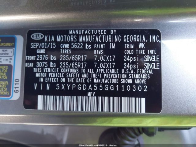 5XYPGDA55GG110302 KIA Sorento 3.3l Lx