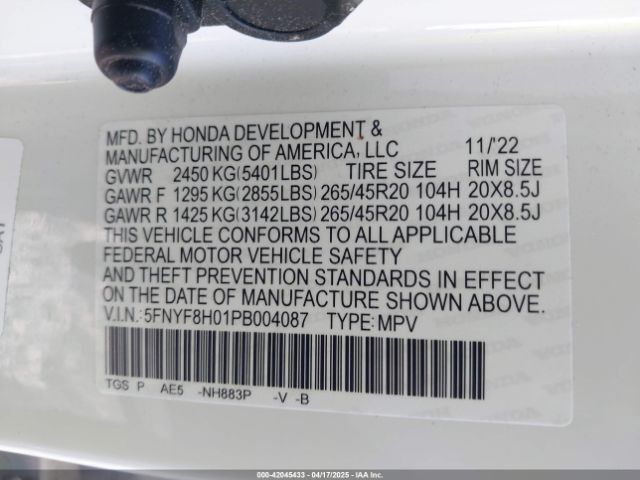 5FNYF8H01PB004087 Honda Passport Awd Elite