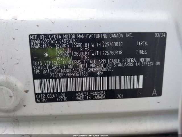 2T3T6RFV6RW061168 Toyota Rav4 Hybrid Se