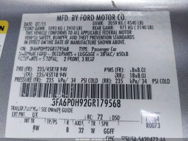 3FA6P0H92GR179568 Ford FUSION SE