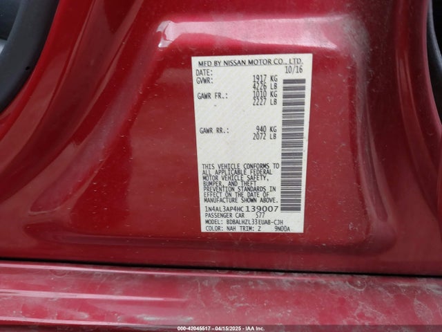 1N4AL3AP4HC139007 Nissan Altima 2.5 Sr
