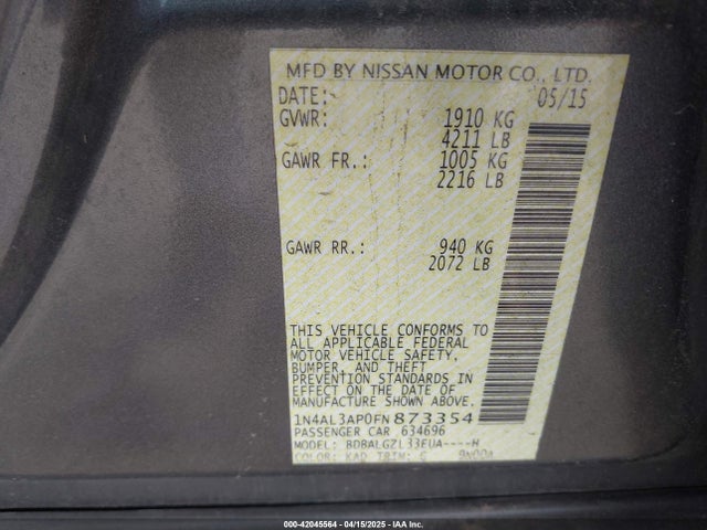 2015 Nissan Altima 2.5 S მანქანა იყიდება აუქციონზე, vin: 1N4AL3AP0FN873354, აუქციონის ნომერი: 42045564